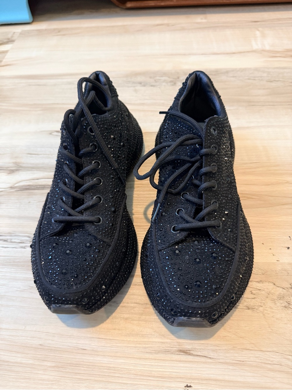 Black Rhinestone Embellished Lace-Up Sneakers
